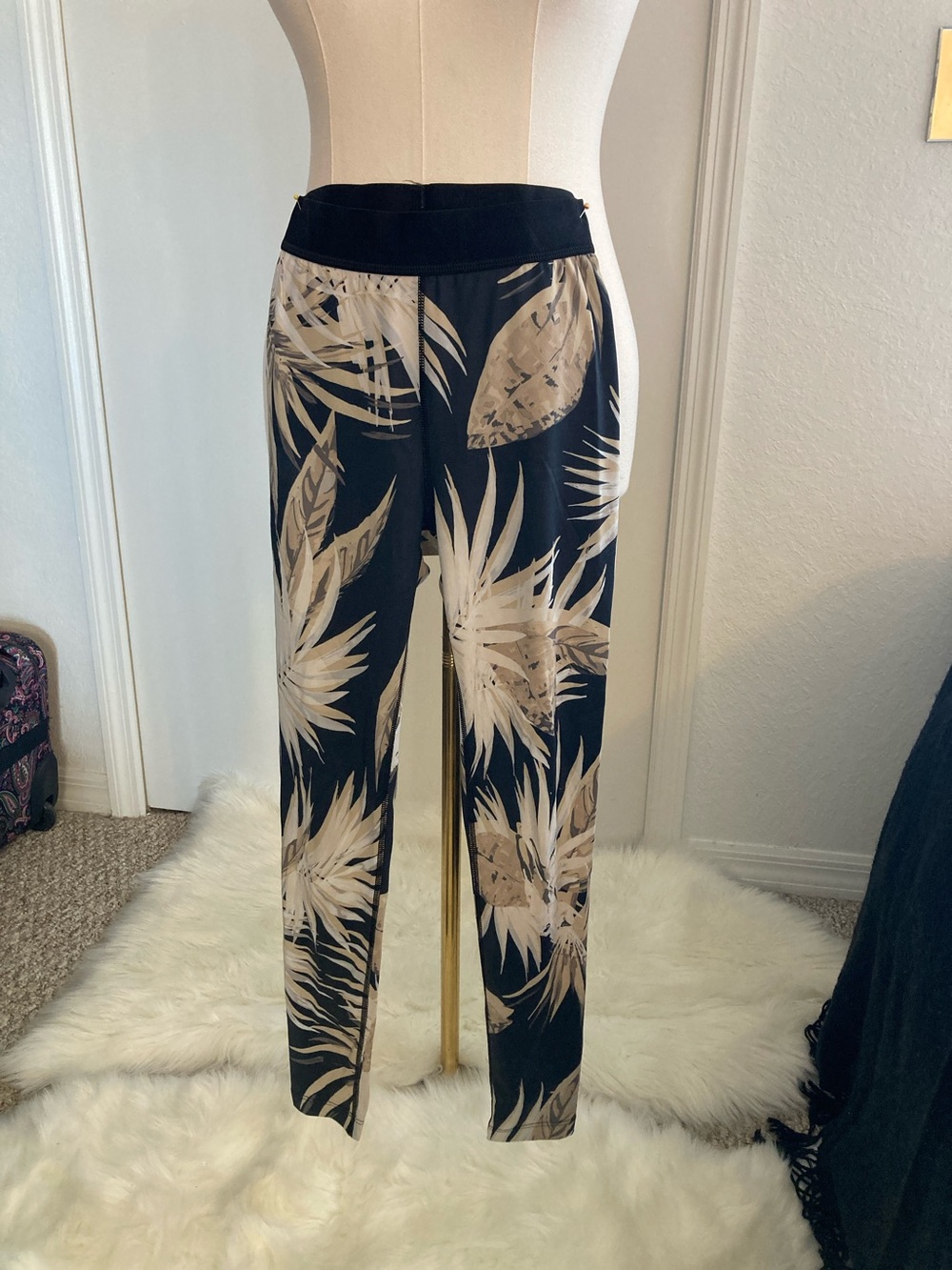 Alala Black Pants with Beige Tropical Leaf Print